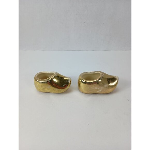 Pair Of Dutch Shoes Gold Ceramic Small Figurine Statue Vintage - Picture 3 of 8